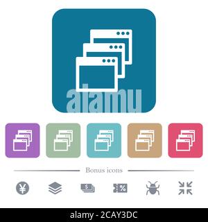 Cascade window view mode white flat icons on color rounded square backgrounds. 6 bonus icons included Stock Vector