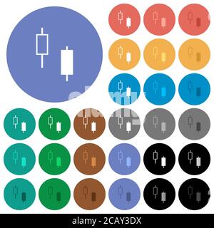 Two candlesticks multi colored flat icons on round backgrounds. Included white, light and dark icon variations for hover and active status effects, an Stock Vector