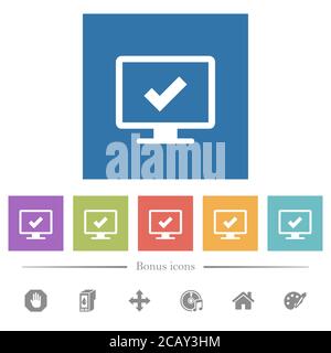 Accept display settings flat white icons in square backgrounds. 6 bonus icons included. Stock Vector