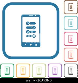 Mobile fine tune simple icons in color rounded square frames on white background Stock Vector