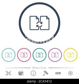 Swap documents flat color icons in round outlines. 6 bonus icons included. Stock Vector