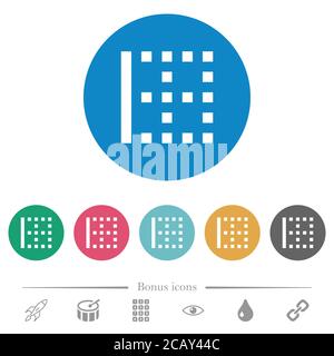 Left border flat white icons on round color backgrounds. 6 bonus icons included. Stock Vector