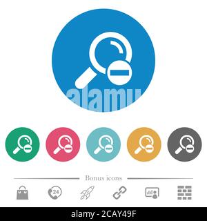 Remove search term flat white icons on round color backgrounds. 6 bonus icons included. Stock Vector