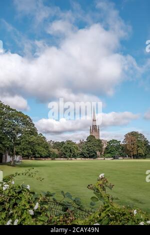 A distant Norwich cathedral on a bright and sunny day Stock Photo