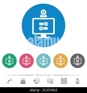 Webcam tweaking flat white icons on round color backgrounds. 6 bonus icons included. Stock Vector