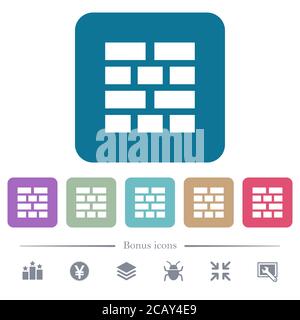 Brick wall white flat icons on color rounded square backgrounds. 6 bonus icons included Stock Vector