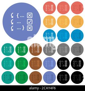 Debugging program multi colored flat icons on round backgrounds. Included white, light and dark icon variations for hover and active status effects, a Stock Vector
