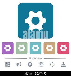 Single cogwheel white flat icons on color rounded square backgrounds. 6 bonus icons included Stock Vector