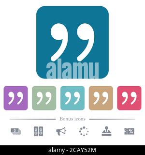 Quotation mark white flat icons on color rounded square backgrounds. 6 bonus icons included Stock Vector