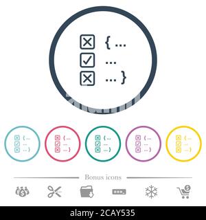 Source code checking flat color icons in round outlines. 6 bonus icons included. Stock Vector