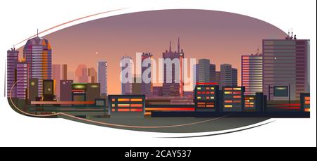 Night city. Isolated object. Evening in the big town. Clear skies, large multi-storey buildings. Stock Photo