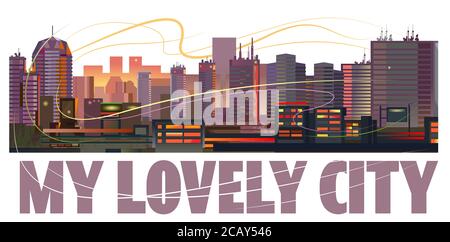 My lovely city. Night city view with radio waves and an inscription. Favorite city. Stock Photo