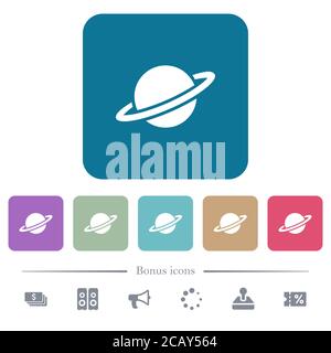 Planet white flat icons on color rounded square backgrounds. 6 bonus icons included Stock Vector
