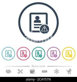 Contact warning flat color icons in round outlines. 6 bonus icons included. Stock Vector