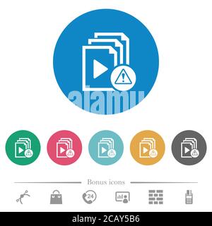 Playlist warning flat white icons on round color backgrounds. 6 bonus icons included. Stock Vector