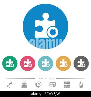 Certified plugin flat white icons on round color backgrounds. 6 bonus icons included. Stock Vector