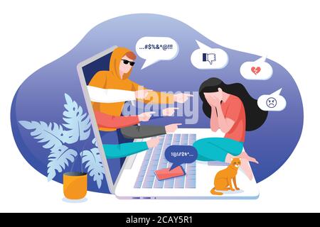 Cyber bullying in social networks and online abuse concept. Vector flat cartoon illustration of upset girl character. Young woman crying in front of l Stock Vector