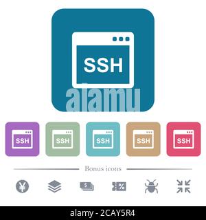 SSH client application white flat icons on color rounded square backgrounds. 6 bonus icons included Stock Vector