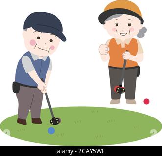 Vector illustration isolated on white background without main lines. Elderly man and woman playing park golf. Stock Vector