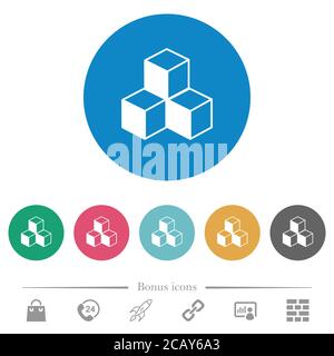 Cubes flat white icons on round color backgrounds. 6 bonus icons included. Stock Vector