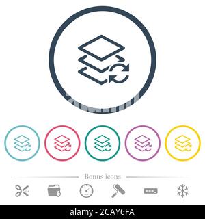 Swap layers flat color icons in round outlines. 6 bonus icons included. Stock Vector