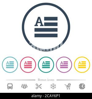 Text initials flat color icons in round outlines. 6 bonus icons included. Stock Vector