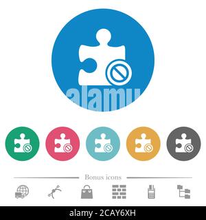 Plugin disabled flat white icons on round color backgrounds. 6 bonus icons included. Stock Vector
