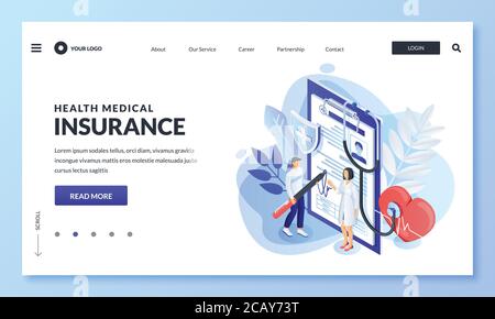 Health insurance concept. Doctor with patient sign medical insurance contract. Vector 3d isometric characters illustration. Medicine, hospital help, l Stock Vector