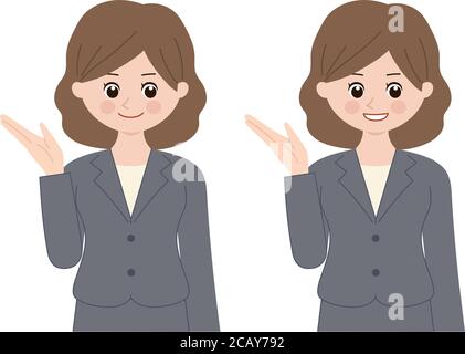 Woman introducing something in a business suit. Vector illustration isolated on white background. Stock Vector