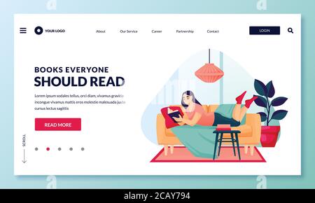 Young woman lying on sofa and reads book at home. Vector flat cartoon character illustration for poster, web banner, landing page or app. Education, s Stock Vector