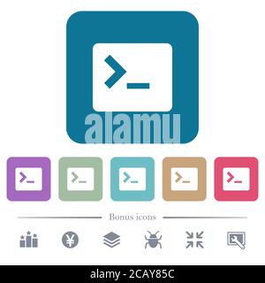 Command terminal white flat icons on color rounded square backgrounds. 6 bonus icons included Stock Vector