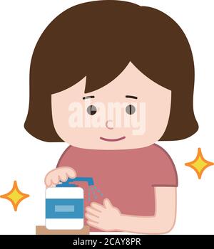 Girl washing hands with sanitizer. Vector illustration isolated on white background. Stock Vector