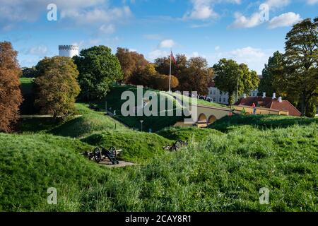 Old bronze cannon on rampart in city Fredericia, Denmark., Fredericia, Denmark Stock Photo