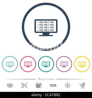 Ping remote computer flat color icons in round outlines. 6 bonus icons included. Stock Vector