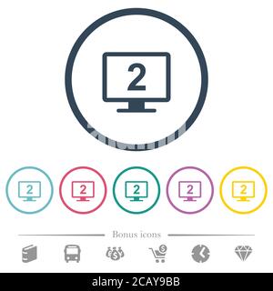 Secondary display flat color icons in round outlines. 6 bonus icons included. Stock Vector