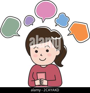 Smiling woman using a mobile phone with speech bubbles. Isolated on white background. Stock Vector
