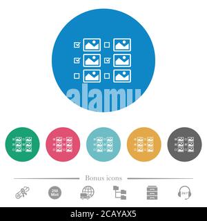 Multiple image selection with checkboxes flat white icons on round color backgrounds. 6 bonus icons included. Stock Vector