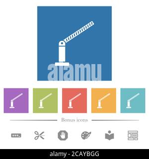 Opened barrier flat white icons in square backgrounds. 6 bonus icons included. Stock Vector