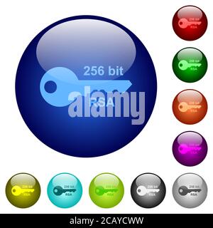 256 bit rsa encryption icons on round color glass buttons Stock Vector