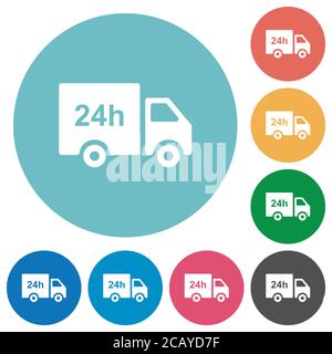 24 hour delivery truck flat white icons on round color backgrounds Stock Vector