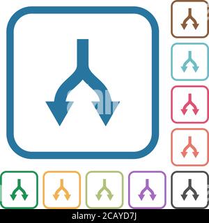 Split arrows down simple icons in color rounded square frames on white background Stock Vector