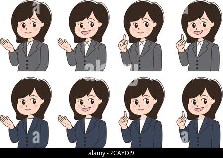 Businesswoman cartoon character set. Business woman in office style smart suit. Vector illustration isolated on white background. Stock Vector