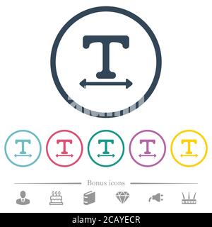 Adjust font width flat color icons in round outlines. 6 bonus icons included. Stock Vector