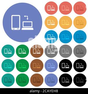 Syncronize mobile with computer multi colored flat icons on round backgrounds. Included white, light and dark icon variations for hover and active sta Stock Vector