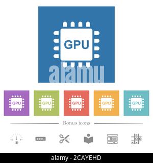 Graphics processing unit flat white icons in square backgrounds. 6 bonus icons included. Stock Vector