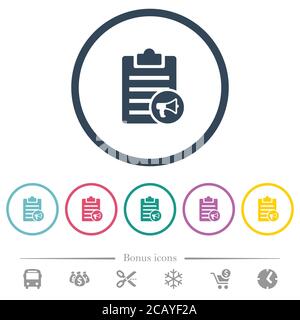 Note reading aloud flat color icons in round outlines. 6 bonus icons included. Stock Vector