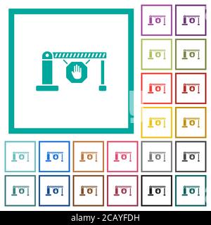 Closed barrier with stop sign flat color icons with quadrant frames on white background Stock Vector