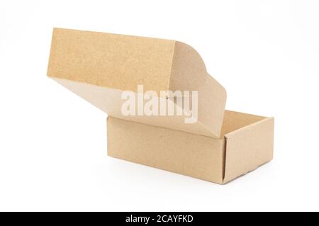 close-up single carton box open empty isolated on white background, brown parcel cardboard box for packages delivery. With clipping path Stock Photo
