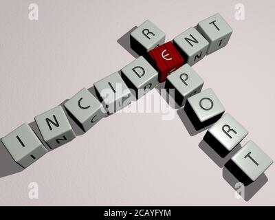 incident report crossword by cubic dice letters. 3D illustration. concept and accident Stock Photo