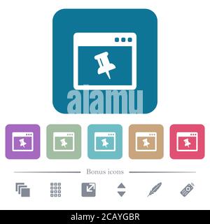 Application pin white flat icons on color rounded square backgrounds. 6 bonus icons included Stock Vector